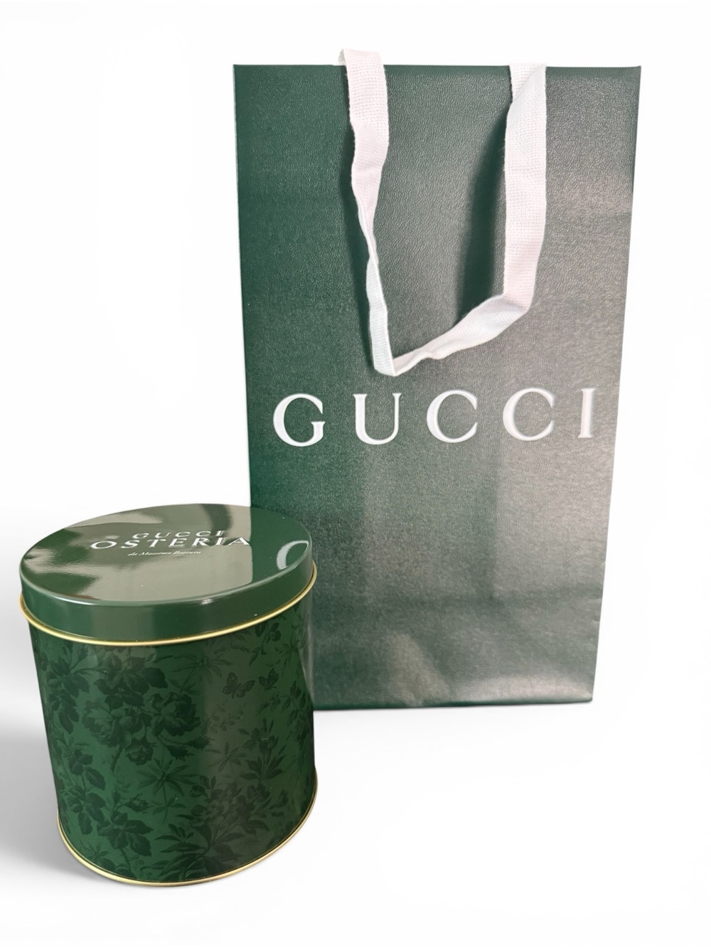 NEW GUCCI OSTERIA Green Tin and Gift Bag Set with Gold Trim